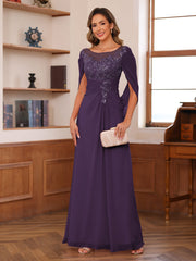 A Line Princess Illusion Scoop Mother of the Bride Dress with Appliques Ruched Bodice and Cape