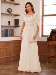 A Line Princess Illusion Scoop Mother of the Bride Dress with Appliques Ruched Bodice and Cape