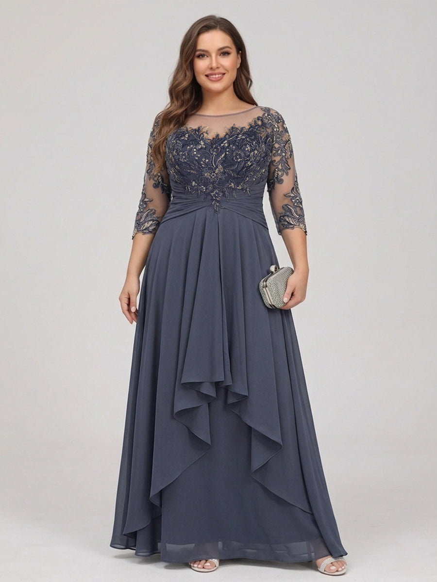 A Line Princess Scoop Neck Plus Size Mother of the Bride Dress Chiffon 3/4 Sleeves with Appliques and Ruffles