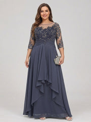 A Line Princess Scoop Neck Plus Size Mother of the Bride Dress Chiffon 3/4 Sleeves with Appliques and Ruffles