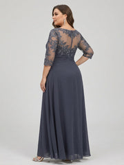 A Line Princess Scoop Neck Plus Size Mother of the Bride Dress Chiffon 3/4 Sleeves with Appliques and Ruffles