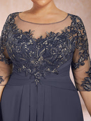 A Line Princess Scoop Neck Plus Size Mother of the Bride Dress Chiffon 3/4 Sleeves with Appliques and Ruffles