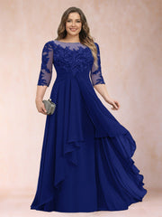 A Line Princess Scoop Neck Plus Size Mother of the Bride Dress Chiffon 3/4 Sleeves with Appliques and Ruffles