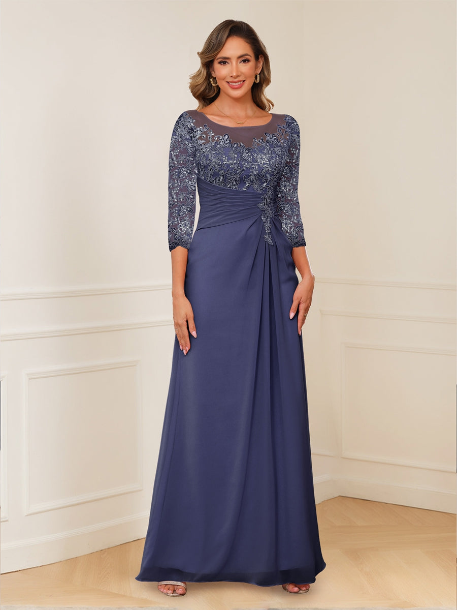 A Line Princess Illusion Scoop Mother of the Bride Dress with Appliques and Ruched Bodice