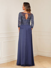 A Line Princess Illusion Scoop Mother of the Bride Dress with Appliques and Ruched Bodice