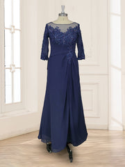 A Line Princess Illusion Scoop Mother of the Bride Dress with Appliques and Ruched Bodice