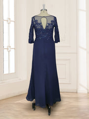 A Line Princess Illusion Scoop Mother of the Bride Dress with Appliques and Ruched Bodice