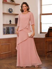 A Line Princess Scoop Neck Short Sleeves Tiered Chiffon Mother of the Bride Dress