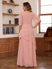 A Line Princess Scoop Neck Short Sleeves Tiered Chiffon Mother of the Bride Dress