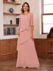 A Line Princess Scoop Neck Short Sleeves Tiered Chiffon Mother of the Bride Dress