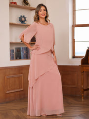 A Line Princess Scoop Neck Short Sleeves Tiered Chiffon Mother of the Bride Dress