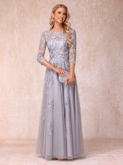 A Line Princess Sheer Neck Half Sleeves Long Formal Evening Dress with Beading and Appliques