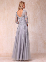 A Line Princess Sheer Neck Half Sleeves Long Formal Evening Dress with Beading and Appliques