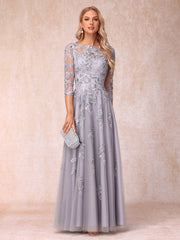 A Line Princess Sheer Neck Half Sleeves Long Formal Evening Dress with Beading and Appliques