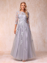 A Line Princess Sheer Neck Half Sleeves Long Formal Evening Dress with Beading and Appliques