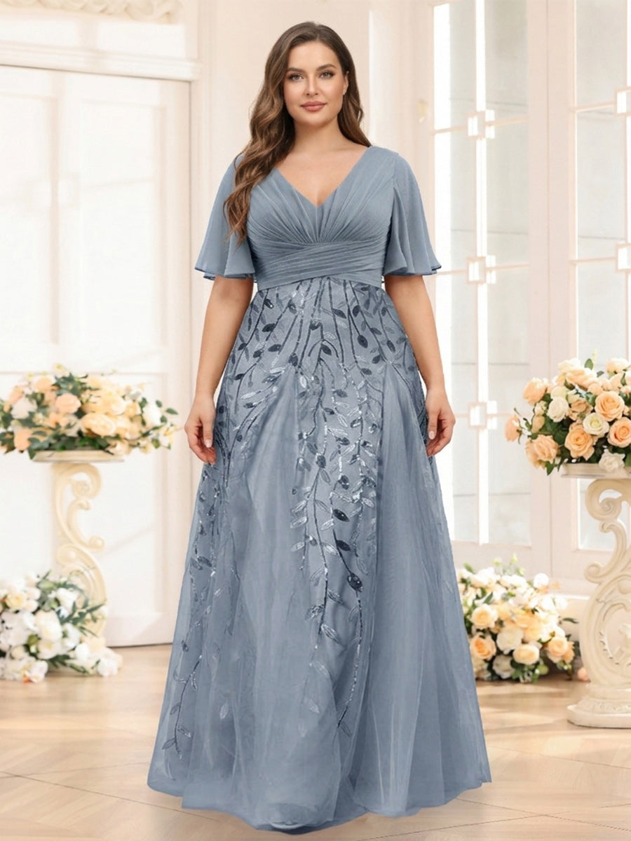 A Line V Neck Half Sleeves Split Side Chiffon Plus Size Bridesmaid Dress with Appliques