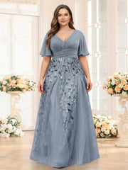 A Line V Neck Half Sleeves Split Side Chiffon Plus Size Bridesmaid Dress with Appliques
