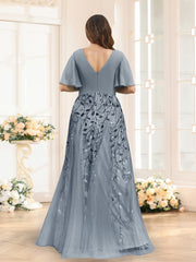 A Line V Neck Half Sleeves Split Side Chiffon Plus Size Bridesmaid Dress with Appliques