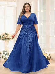 A Line V Neck Half Sleeves Split Side Chiffon Plus Size Bridesmaid Dress with Appliques