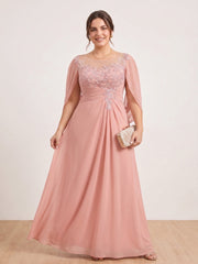 Plus Size Mother of the Bride Dress A Line Illusion Scoop with Cape Ruched Appliques