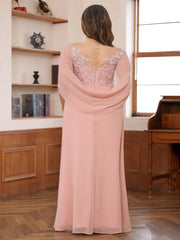 Plus Size Mother of the Bride Dress A Line Illusion Scoop with Cape Ruched Appliques