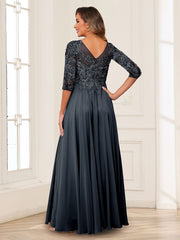 Mother of the Bride Dress A Line V Neck Long Sleeves Chiffon with Applique