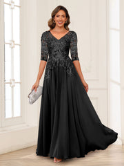 Mother of the Bride Dress A Line V Neck Long Sleeves Chiffon with Applique