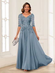 Mother of the Bride Dress A Line V Neck Long Sleeves Chiffon with Applique