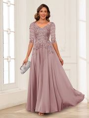 Mother of the Bride Dress A Line V Neck Long Sleeves Chiffon with Applique