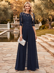 Chiffon Floor Length Half Sleeves Scoop Neck Mother of the Bride Pantsuit