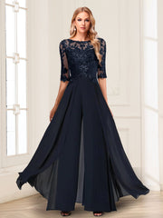 Chiffon Floor Length Half Sleeves Scoop Neck Mother of the Bride Pantsuit
