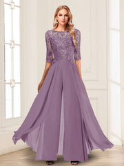 Chiffon Floor Length Half Sleeves Scoop Neck Mother of the Bride Pantsuit