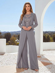 Scoop Neck Long Sleeve Sheath Column Mother of the Bride Jumpsuit with Applique and Jacket