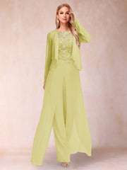 Scoop Neck Long Sleeve Sheath Column Mother of the Bride Jumpsuit with Applique and Jacket