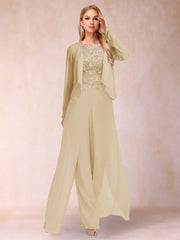 Scoop Neck Long Sleeve Sheath Column Mother of the Bride Jumpsuit with Applique and Jacket