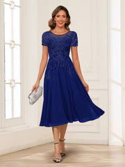 A Line Princess Scoop Neck Short Sleeve Chiffon Mother of the Bride Dress with Applique