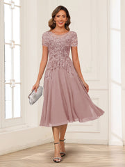 A Line Princess Scoop Neck Short Sleeve Chiffon Mother of the Bride Dress with Applique