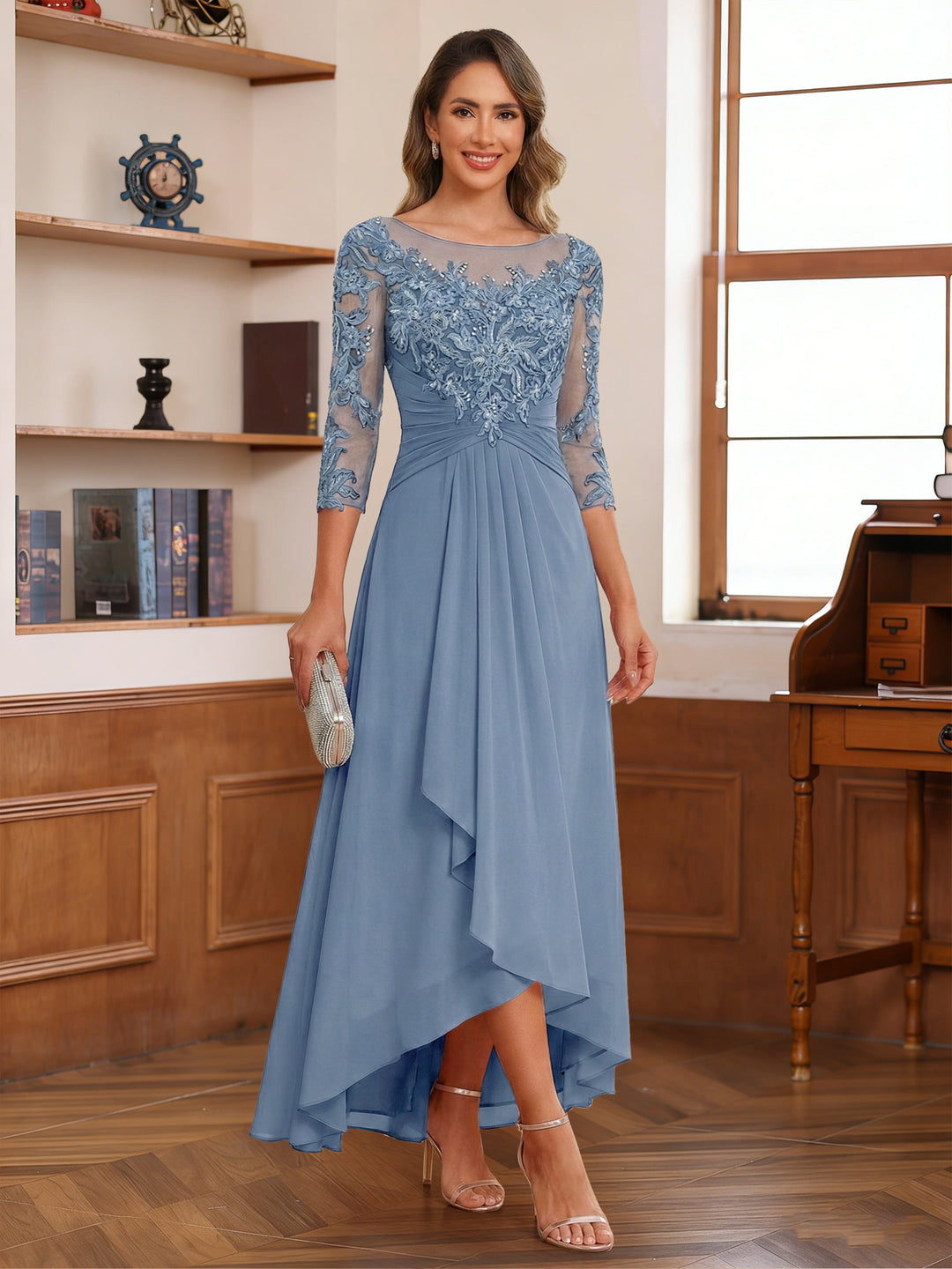 3/4 Sleeve Scoop Neck Mother of the Bride Dress A Line Princess Ankle Length with Lace Appliques