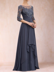 A Line V Neck Half Sleeve Mother of the Bride Dress with Lace Appliques