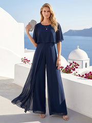 A Line Princess Scoop Neck Short Sleeve Mother of the Bride Jumpsuit with Watteau Train