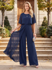 A Line Princess Scoop Neck Short Sleeve Mother of the Bride Jumpsuit with Watteau Train