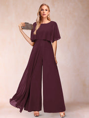 A Line Princess Scoop Neck Short Sleeve Mother of the Bride Jumpsuit with Watteau Train