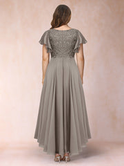 A Line Princess V Neck Short Sleeve Plus Size Floor Length Evening Dress with Appliques