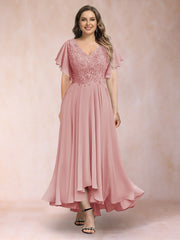 A Line Princess V Neck Short Sleeve Plus Size Floor Length Evening Dress with Appliques
