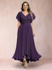 A Line Princess V Neck Short Sleeve Plus Size Floor Length Evening Dress with Appliques