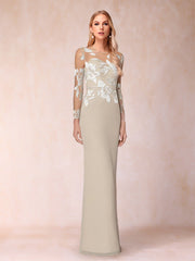 Sheath Column Scoop Neck Long Sleeve Floor Length Lace Mother of the Bride Dress