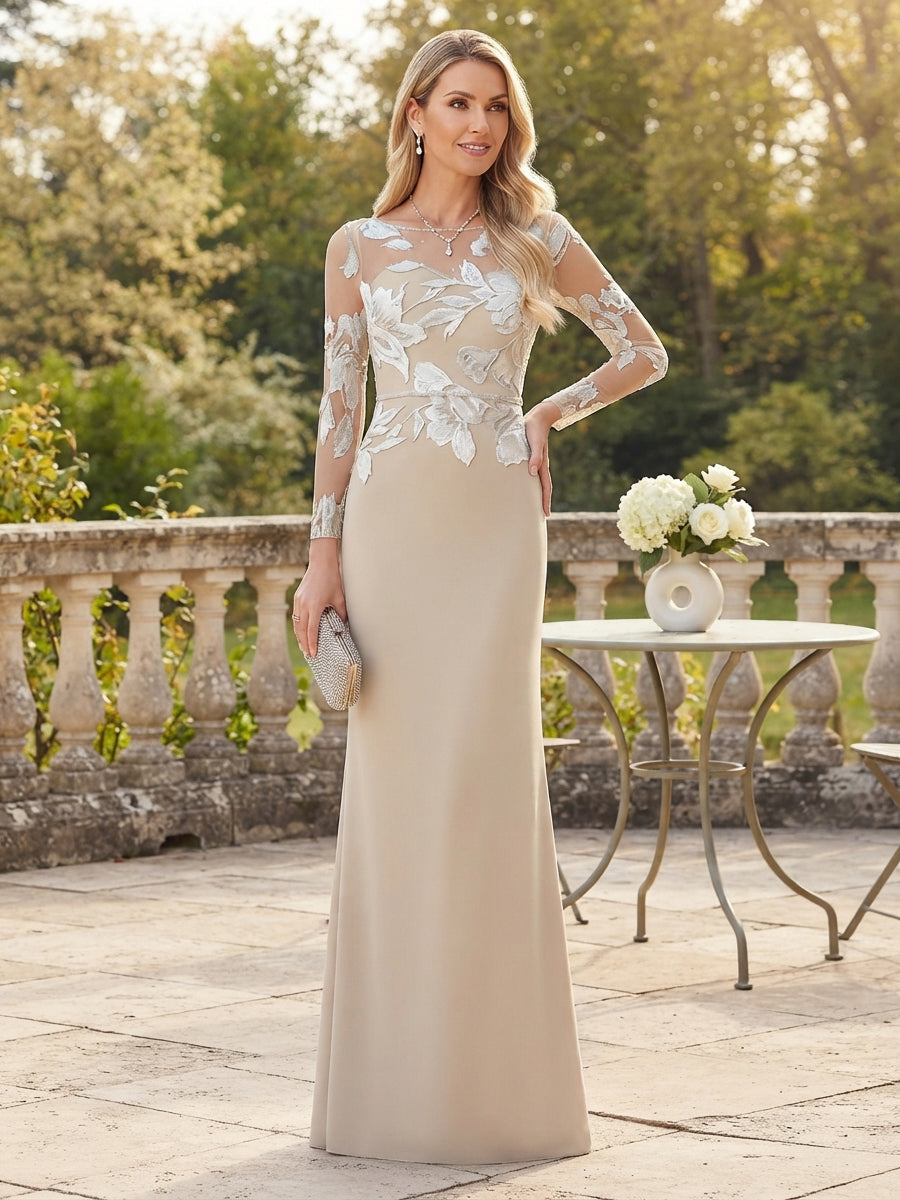 Sheath Column Scoop Neck Long Sleeve Floor Length Lace Mother of the Bride Dress