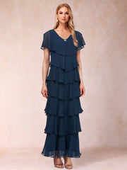 Sheath Column V Neck Short Sleeve Mother of the Bride Dress with Ruffles