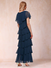 Sheath Column V Neck Short Sleeve Mother of the Bride Dress with Ruffles