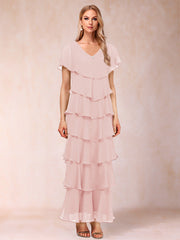 Sheath Column V Neck Short Sleeve Mother of the Bride Dress with Ruffles